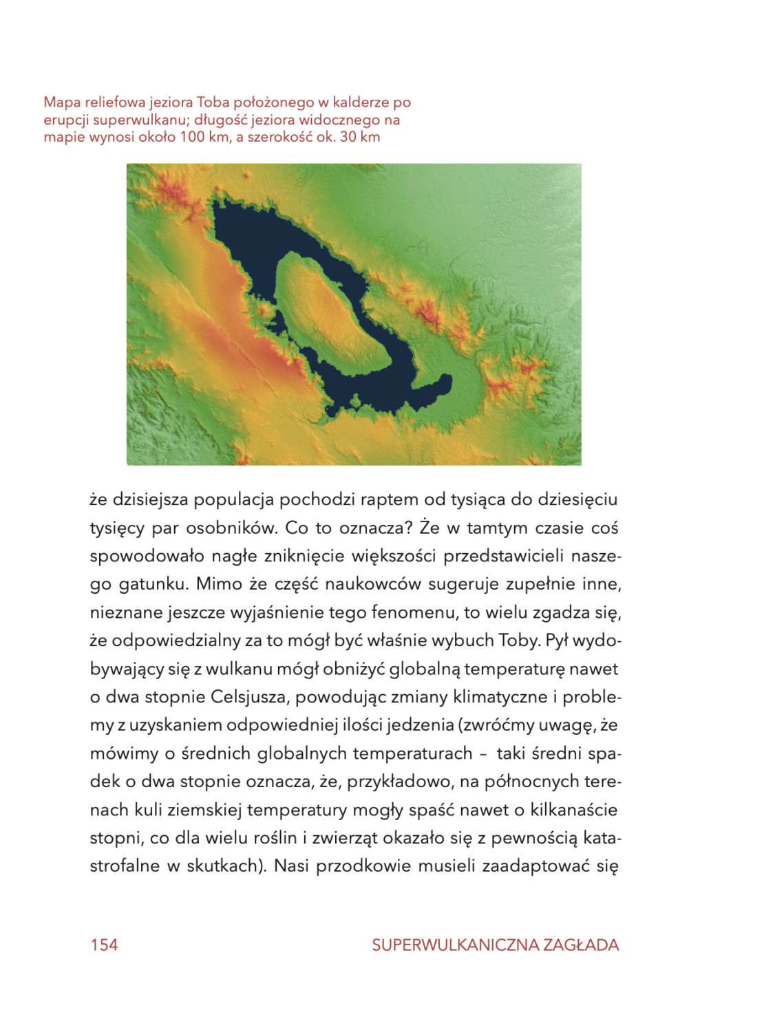 Strona 154 z mapą jeziora Toba z rozdziału Superwulkaniczna zagłada z książki Astrofaza
