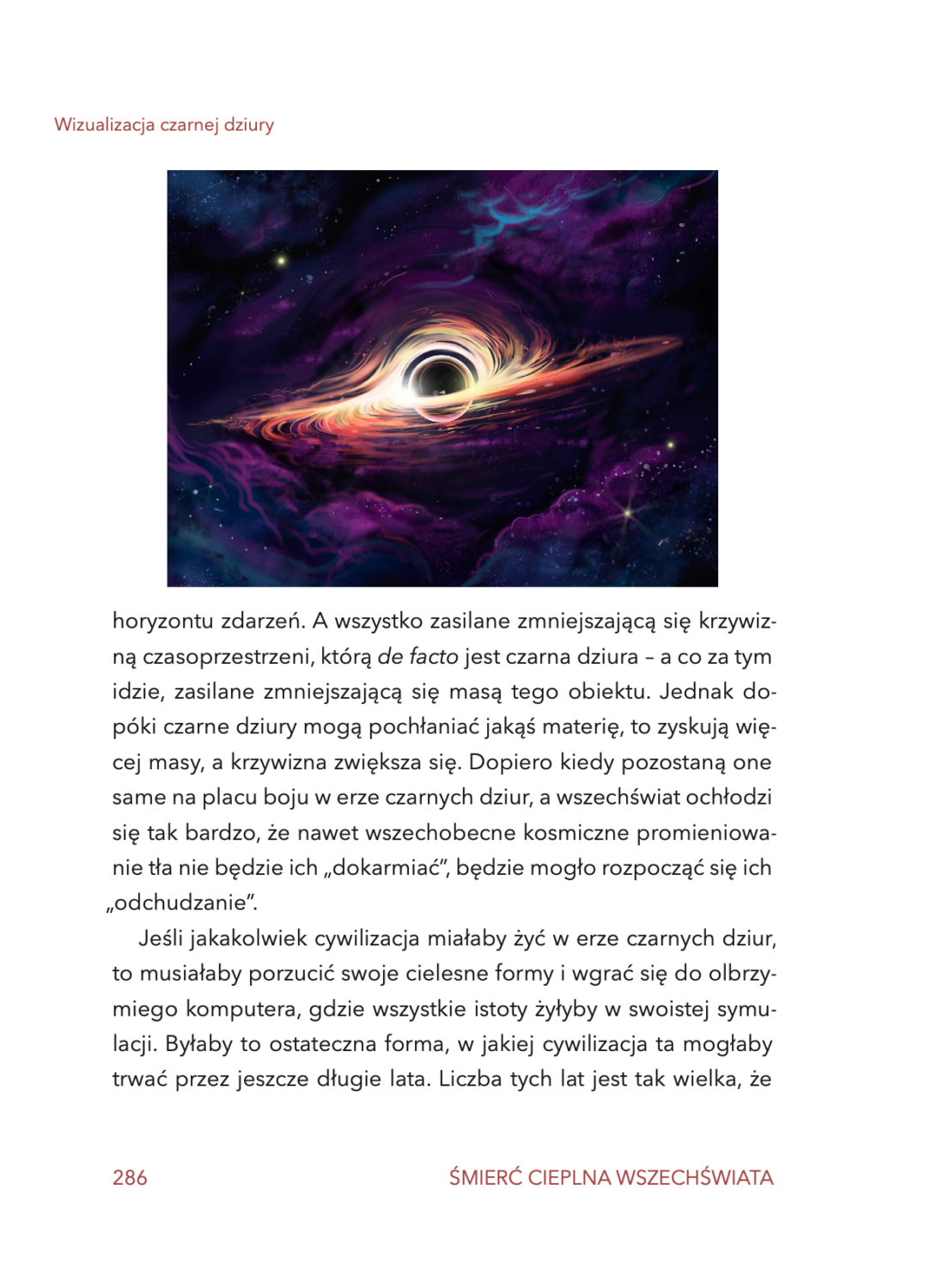 Strona 286 z wizualizacją czarnej dziury z rozdziału Śmierć cieplna wszechświata z książki Astrofaza