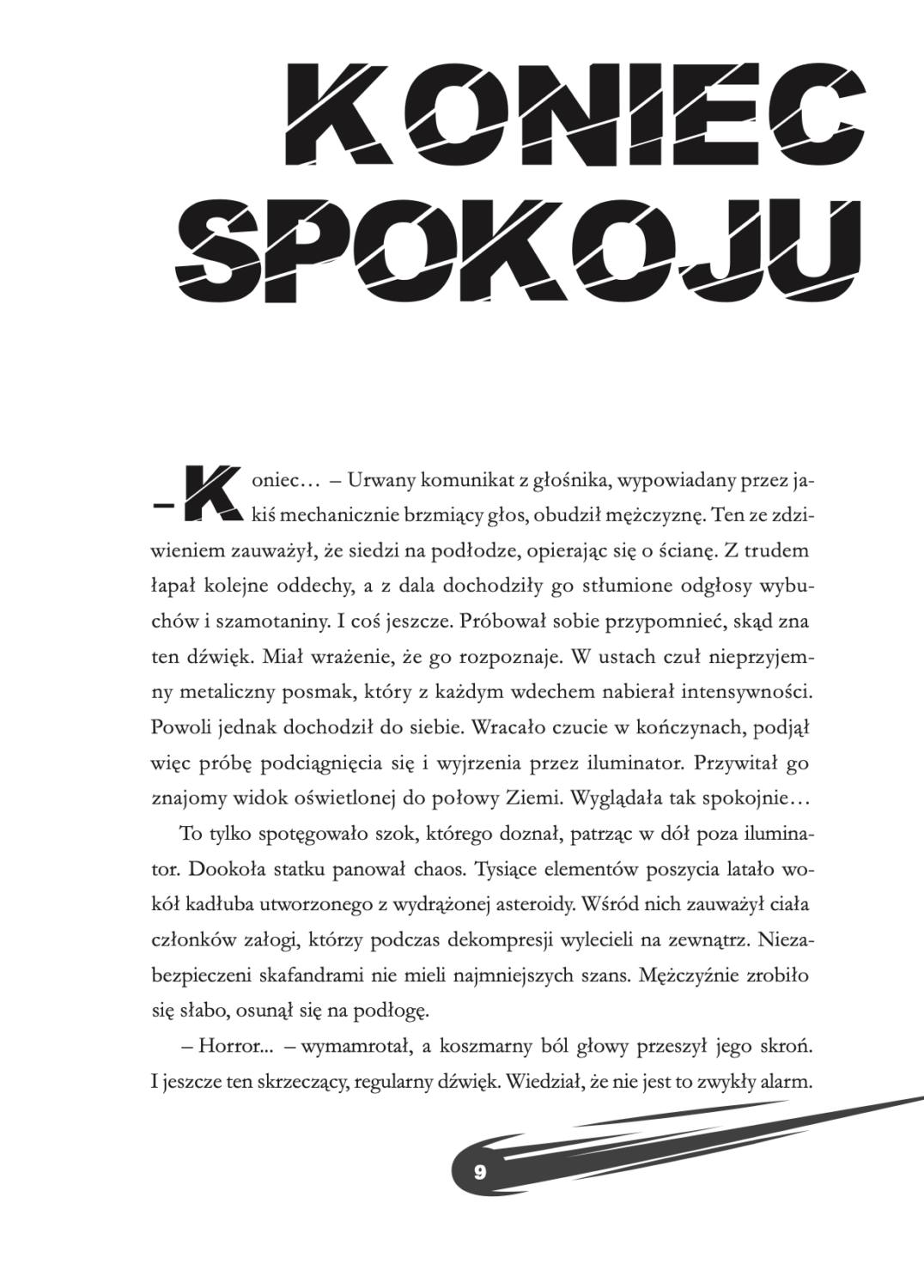 Strona otwierająca rozdział fabularny Koniec spokoju z książki Astrofaza