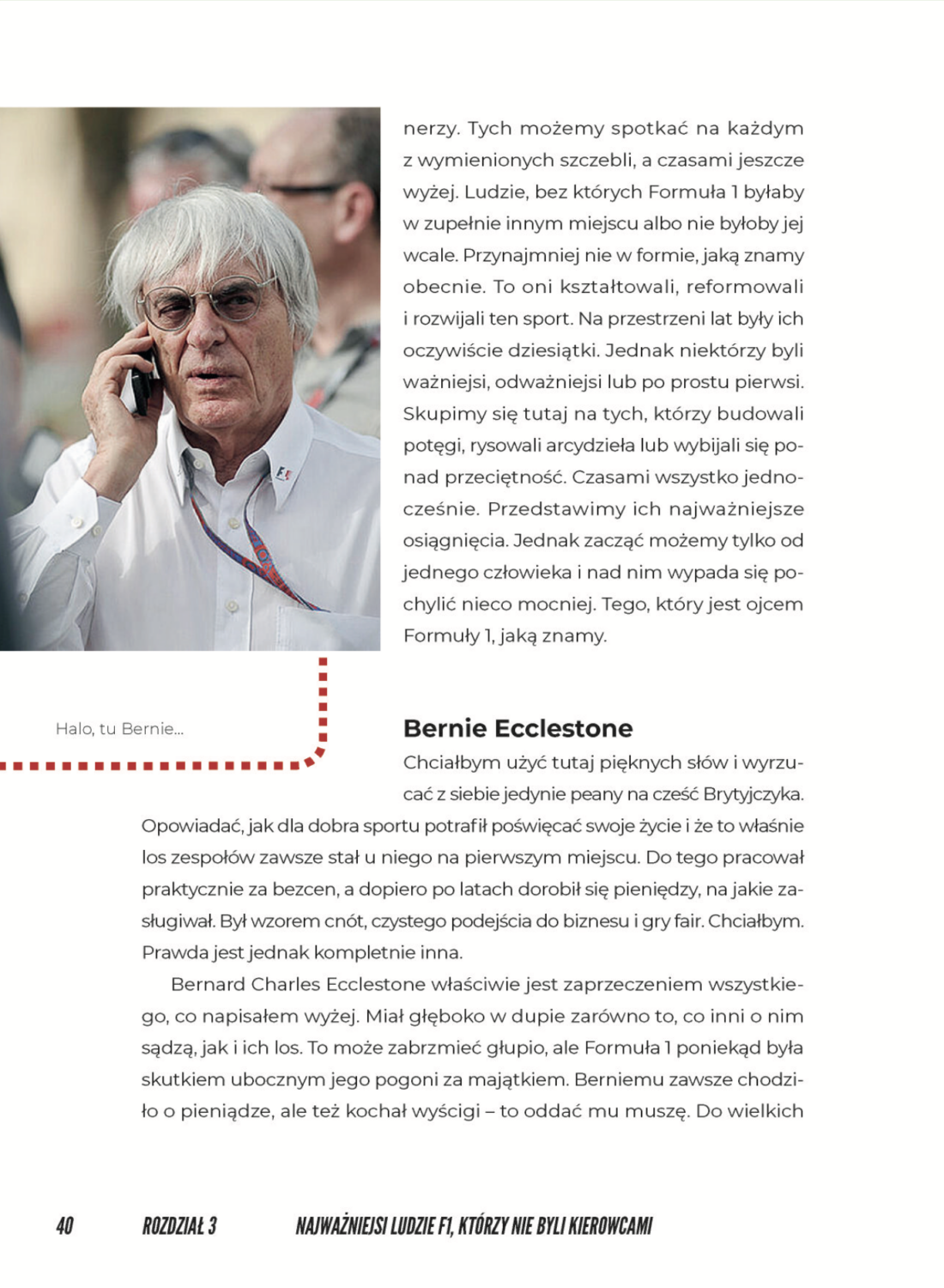 Strona o Berniem Ecclestonie z rozdziału o najważniejszych ludziach F1 w książce Formuła 1 według Bartków
