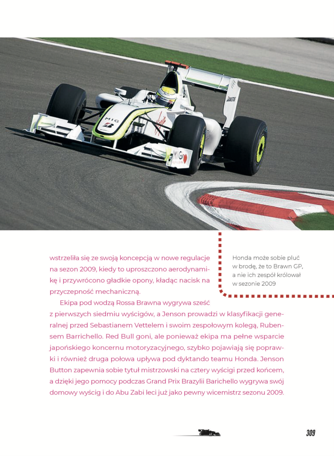 Strona o sezonie 2009 zespołu Brawn GP z książki Formuła 1 według Bartków