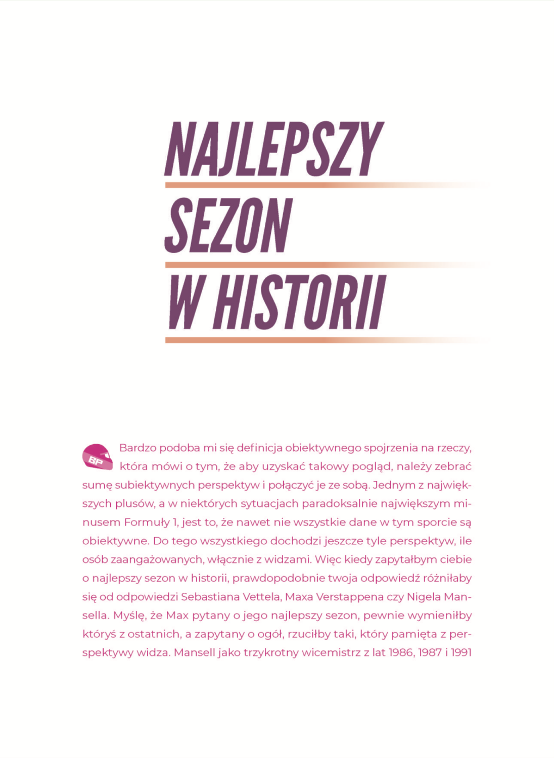 Strona otwierająca rozdział Najlepszy sezon w historii z książki Formuła 1 według Bartków