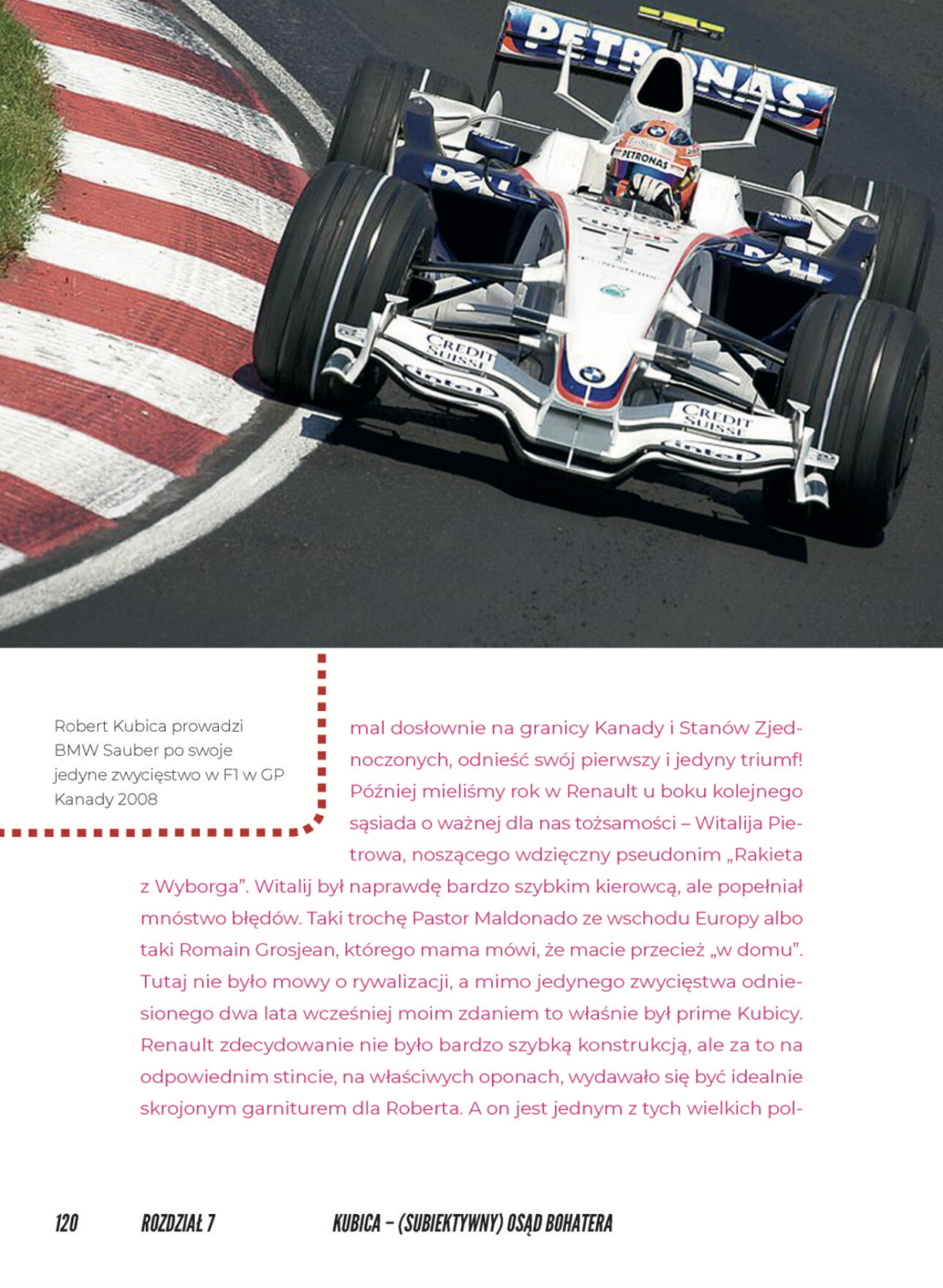 Strona ze zdjęciem bolidu Roberta Kubicy z książki Formuła 1 według Bartków