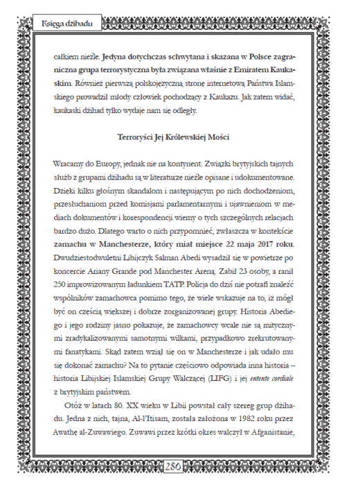 Strona z podrozdziałem Terroryści Jej Królewskiej Mości z książki Księga dżihadu