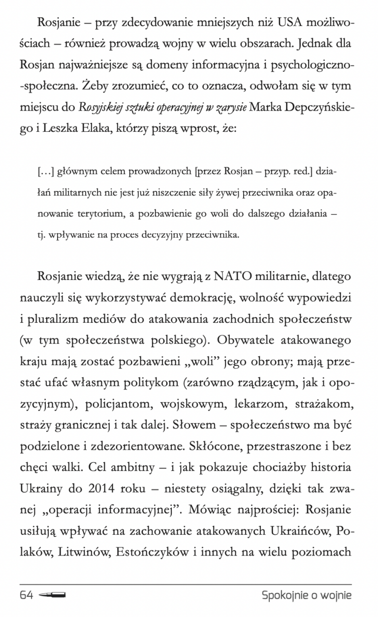 Strona o rosyjskiej wojnie informacyjnej z książki Spokojnie o wojnie