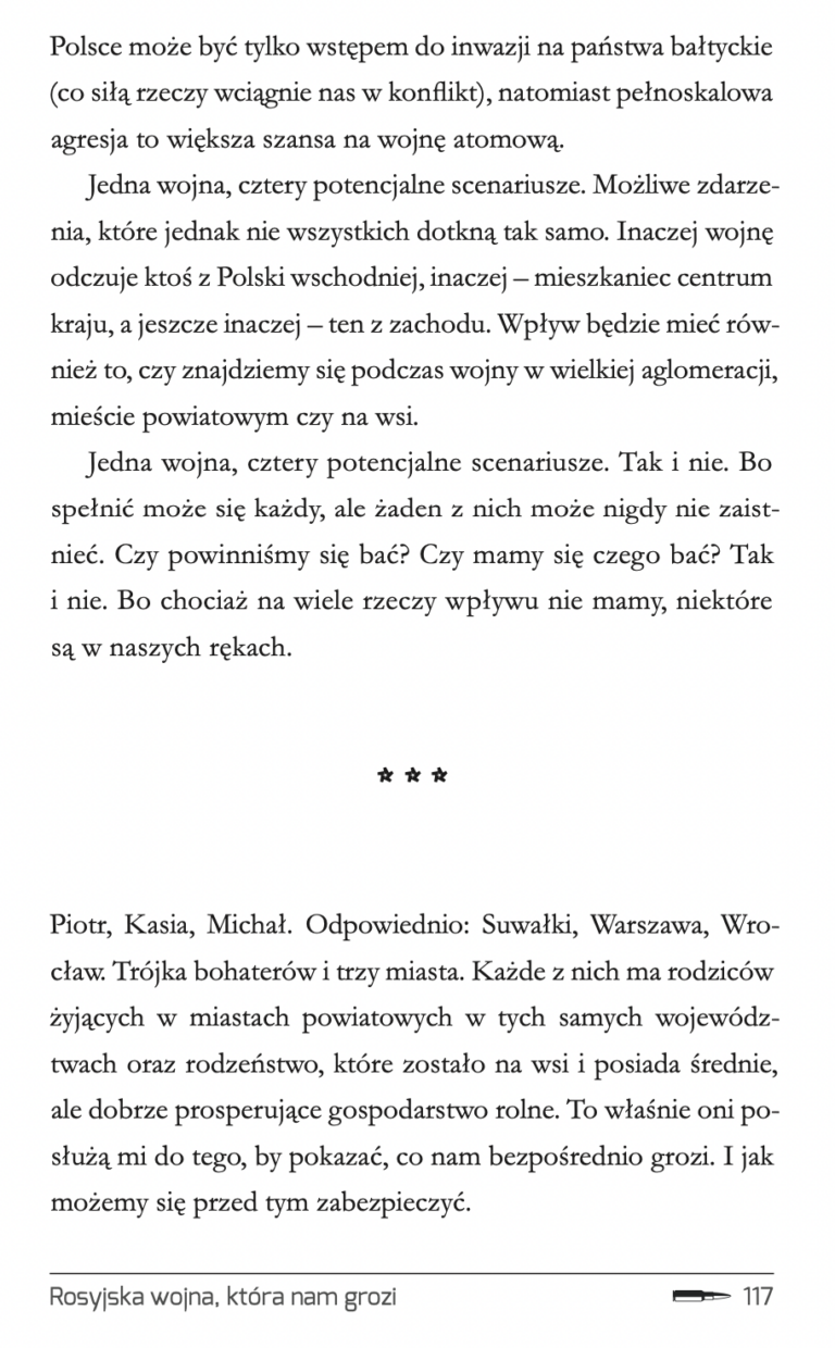 Strona o mieszkańcach Suwałk, Warszawy i Wrocławia z książki Spokojnie o wojnie