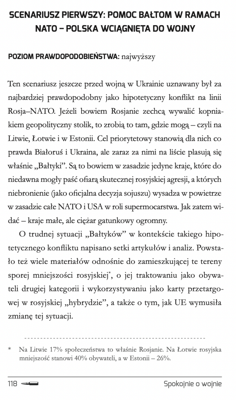 Strona otwierająca scenariusz pierwszy, pomoc Bałtom w ramach NATO, z książki Spokojnie o wojnie