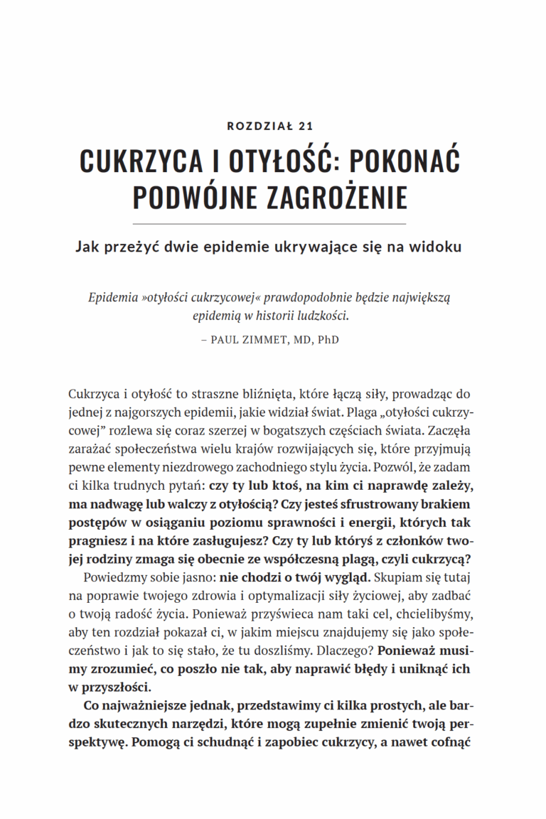 Strona otwierająca rozdział 21 Cukrzyca i otyłość z książki Siła życiowa