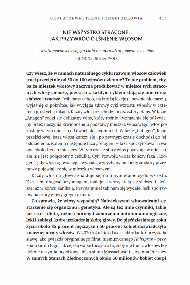 Strona z podrozdziałem o włosach z rozdziału Uroda z książki Siła życiowa
