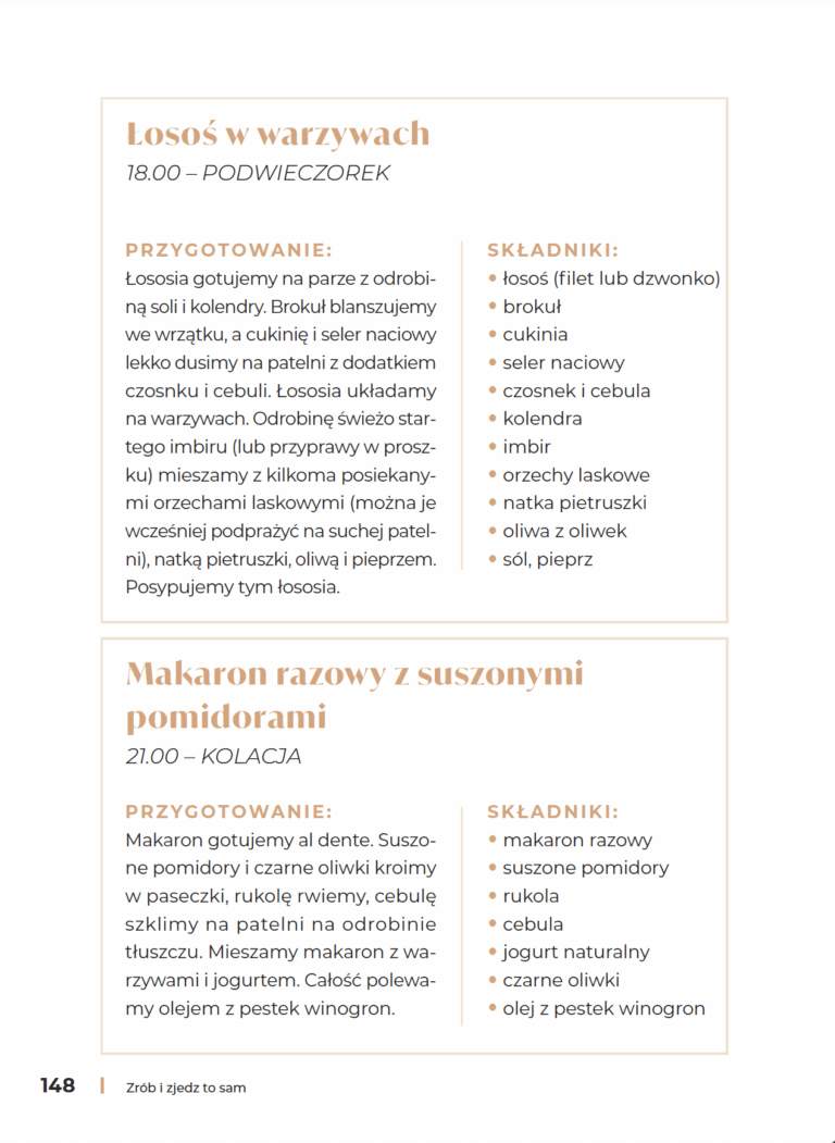 Strona z przepisami na łososia w warzywach i makaron razowy z książki Coraz młodszy