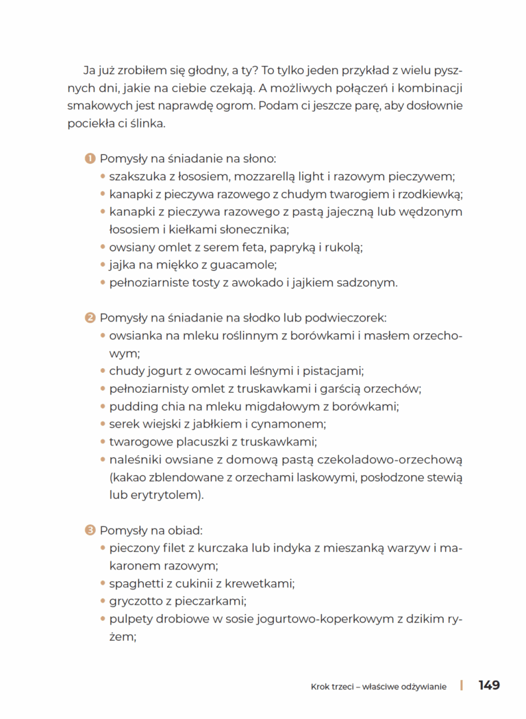 Strona z pomysłami na posiłki z książki Coraz młodszy