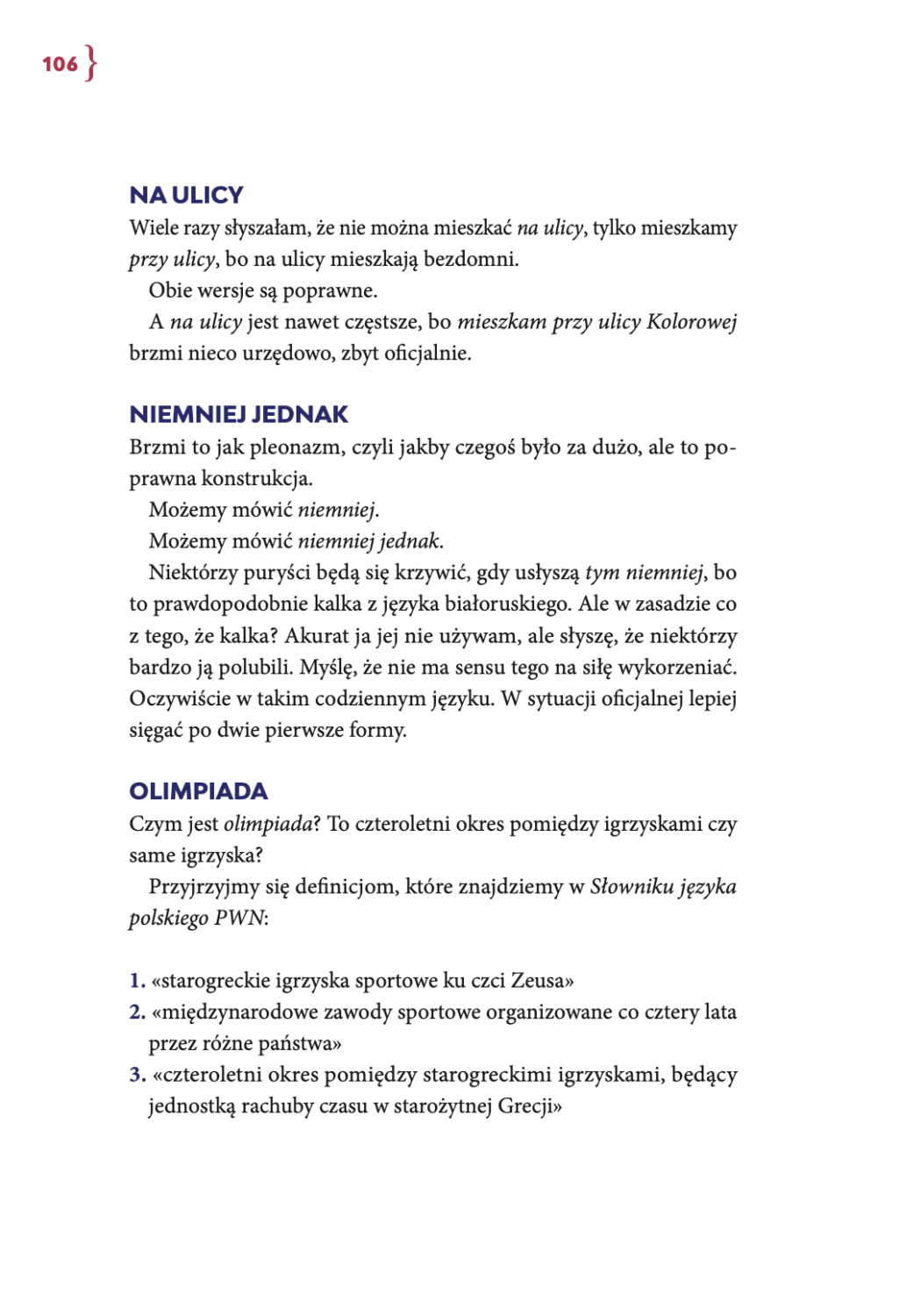 Strona z hasłami na ulicy, niemniej jednak i olimpiada z Prostego poradnika językowego