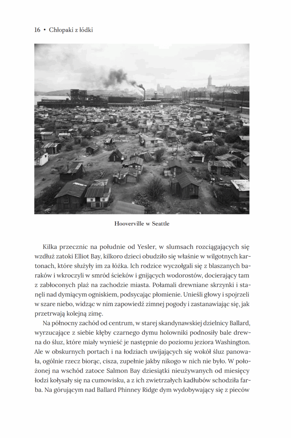 Strona ze zdjęciem Hooverville w Seattle z książki Chłopaki z łódki