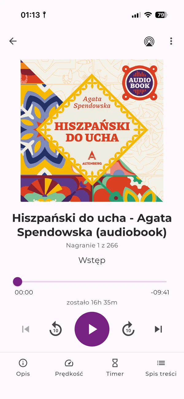 Aplikacja Altenberg Audiobooki z audiobookiem Hiszpański do ucha na telefonie