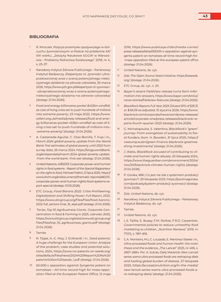 Pierwsza strona bibliografii rozdziału 1 Kto naprawdę decyduje, co jemy? z książki Skonsumowani