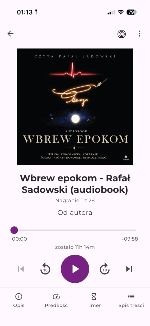 Aplikacja Altenberg Audiobooki z audiobookiem Wbrew epokom na telefonie