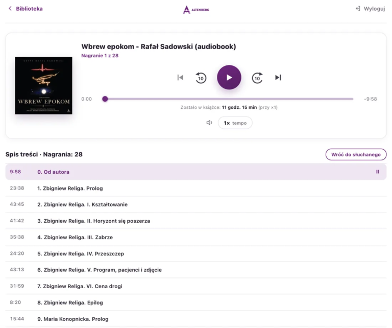 Odtwarzacz audiobooka Wbrew epokom w przeglądarce na komputerze